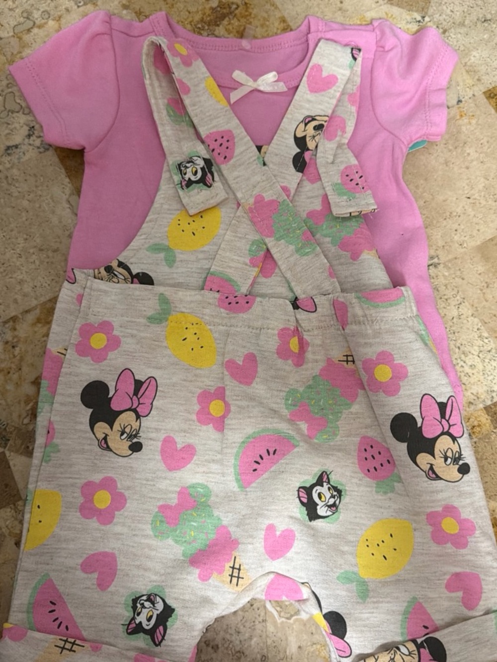 Disney Pink Tee with Gray Minnie Fruit-Print Overalls